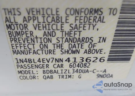 2022 Nissan Altima Sl Fwd z USA, uszkodzony, nr VIN 1N4BL4EV7NN413626